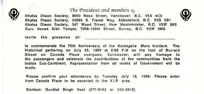 [Invitation to the historical gathering to commemorate the 75th anniversary of the Komagata Maru incident]