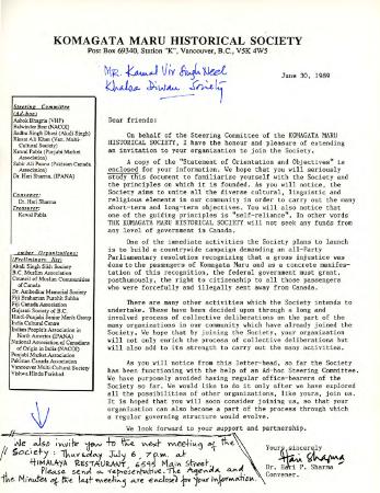 [Letter from the Komagata Maru Historical Society]