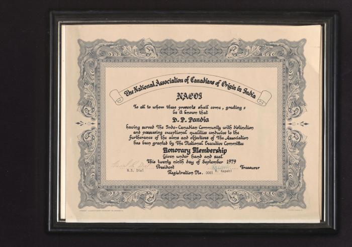 The National Association of Canadians of Origin in India certificate of Honorary Membership to D. P. Pandia