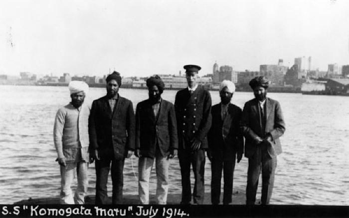 Five Sikh men and an immigration official during the Komagata Maru incident