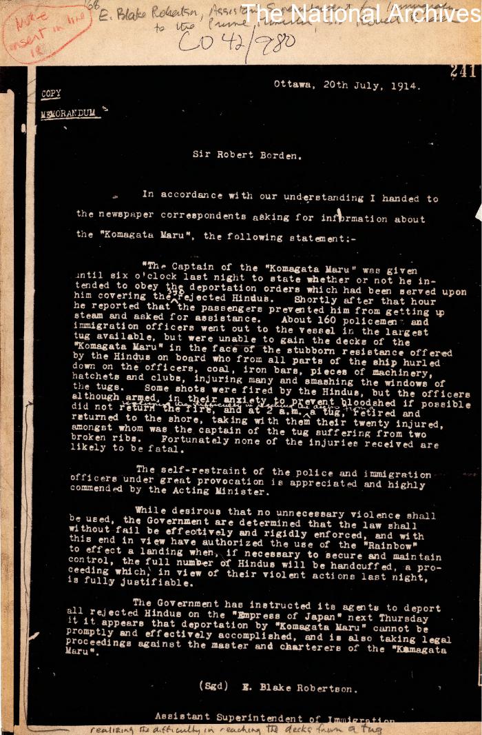 [E. Blake Robertson, Assistant Superintendent of Immigration, to Sir Robert Borden, Prime Minister, re Komagata Maru]