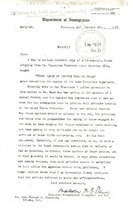 [Malcolm R. J. Reid, Dominion Immigration Agent, to Ernest J. Chambers, Chief Press Censor for Canada, re request for newspapers to refrain from printing articles on Hindu troubles. Original]