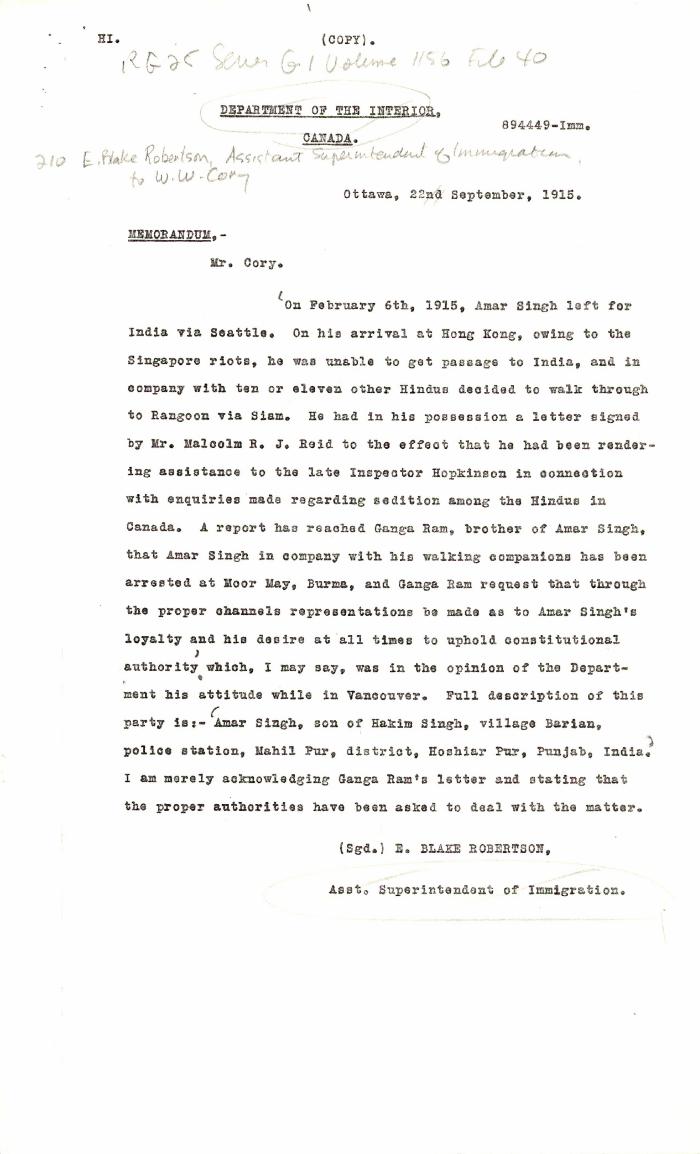 [E. Blake Robertson, Assistant Superintendent of Immigration, to William W. Cory, Deputy Minister of the Interior, re request for aid to Amar Singh. Copy]