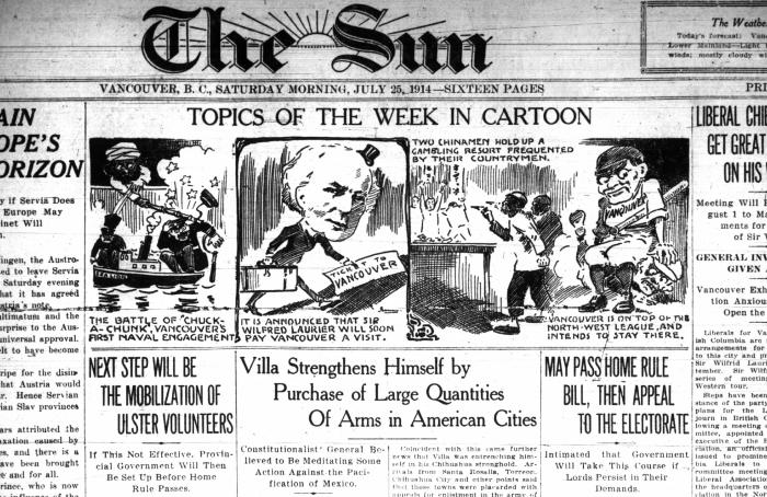 Newsclipping - Vancouver Sun: Topics of the week in cartoon [Editorial cartoon - The battle of 'chuck-a-chunk,' Vancouver's first naval engagement]. Page 1