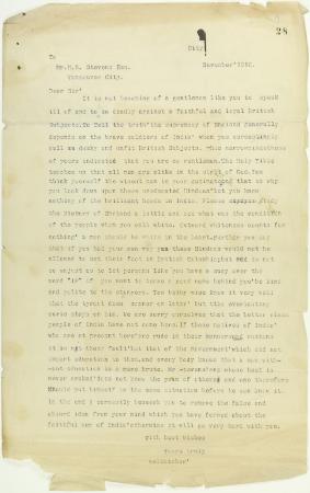 Letter, unsigned, to H. H. Stevens criticising his attitude towards Hindu Immigration