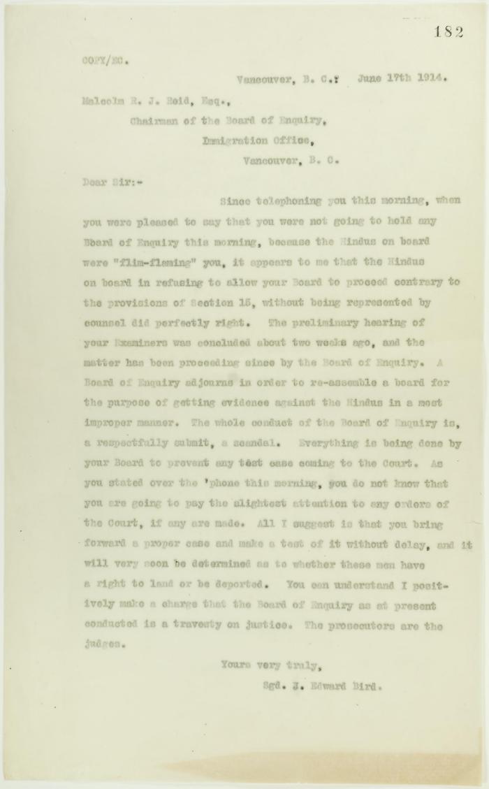 Copy of letter from J. E. Bird to Reid, criticising conduct of Board of Enquiry