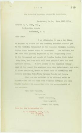 Copy of letter from Y. A. Hori, Japanese Consul, to Reid, expressing appreciation of courtesy shown the Japanese Training Squadron