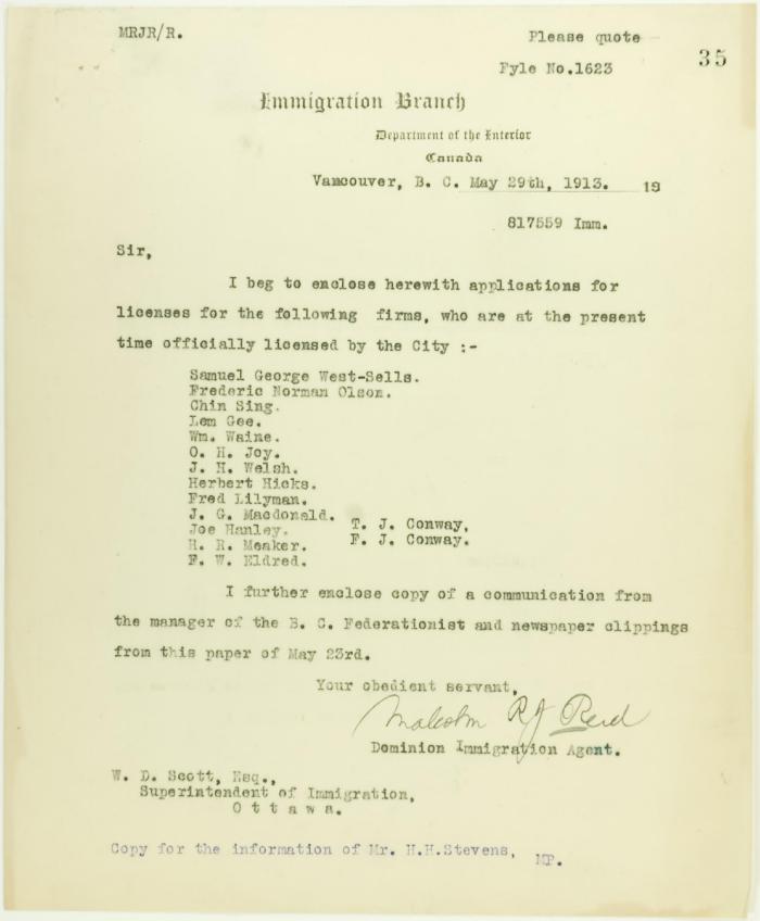 Copy of letter from Malcolm Reid to W. D. Scott, Superintendent of Immigration, listing licensed employment agents in Vancouver