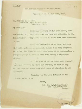 Copy of letter from The B.C. Federationist per R. P. Pettipiece re control of immigration