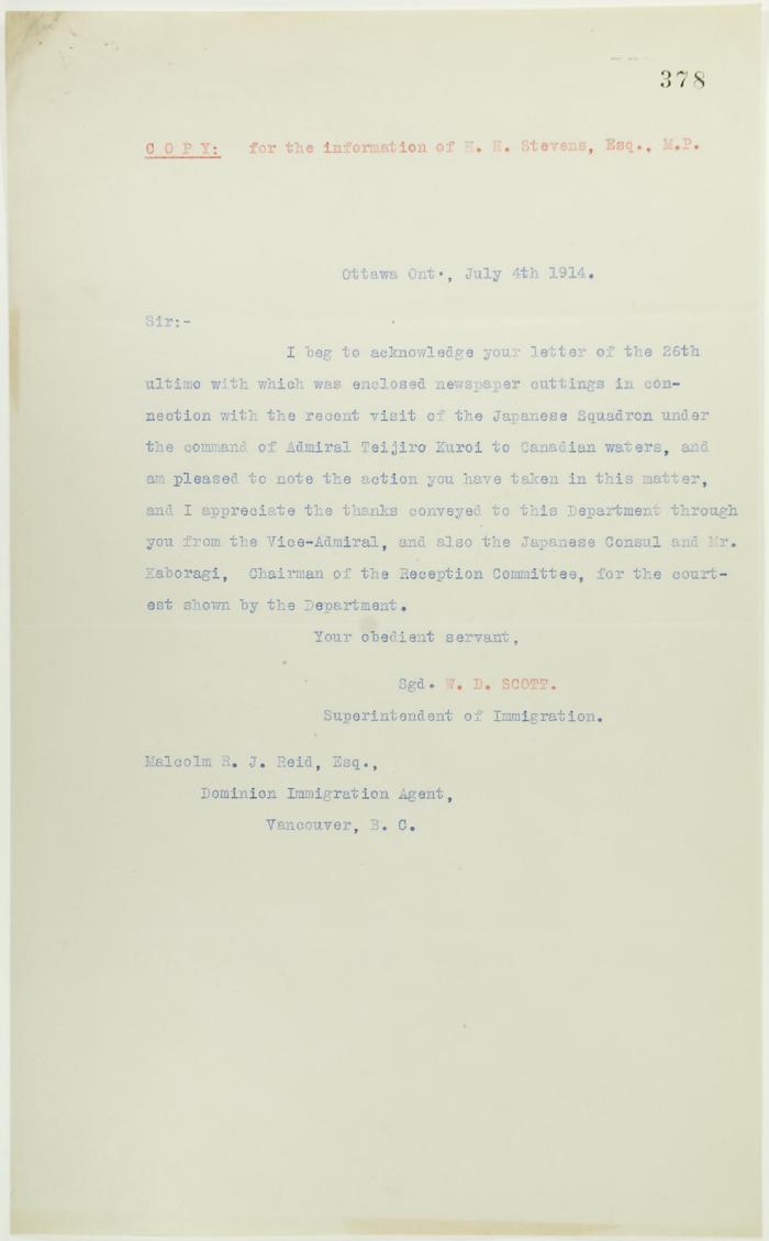 Copy of letter from W. D. Scott to Reid (see p. 375)
