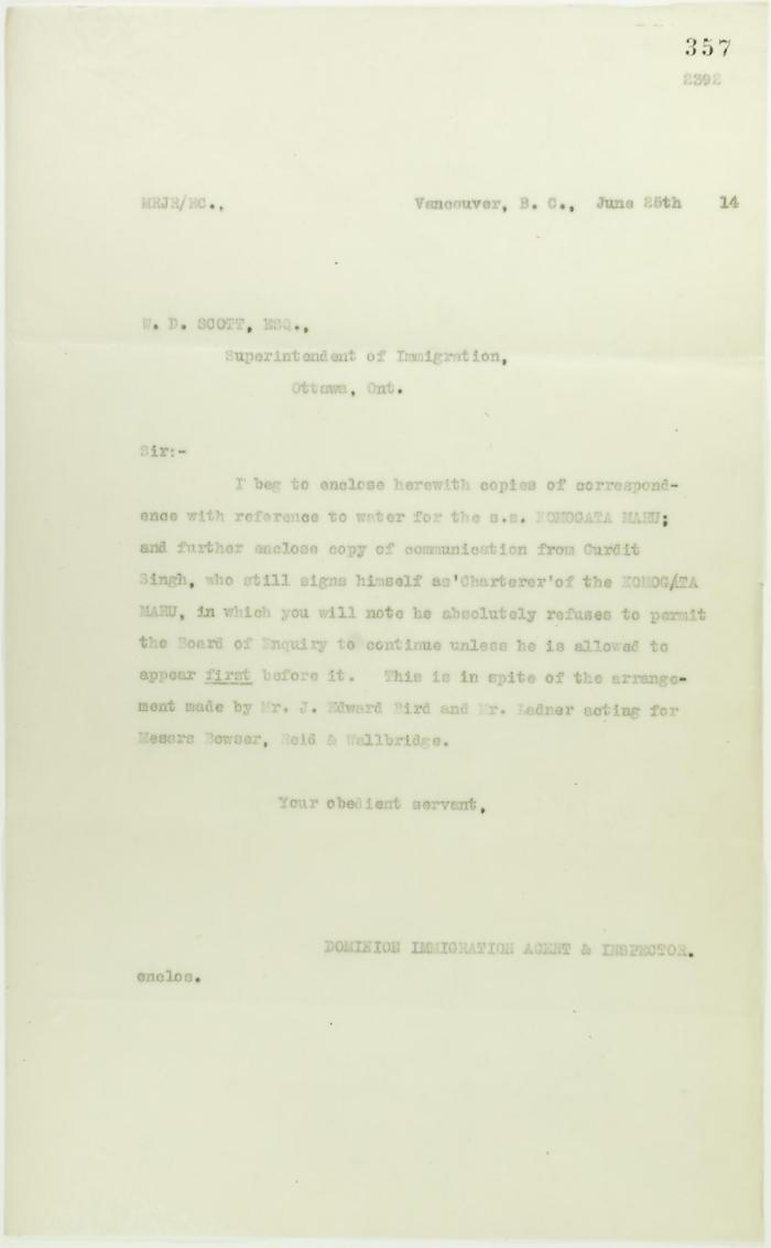 Copy of letter from Reid to W. D. Scott, sent with p. 353 and p. 354
