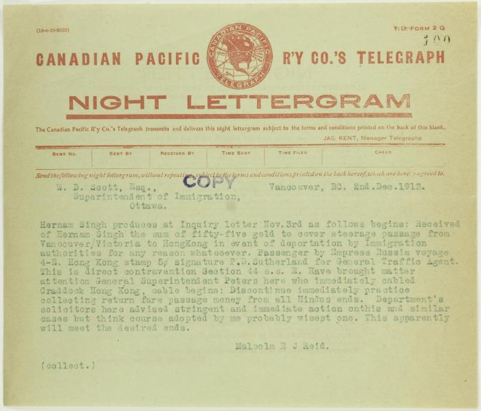 Telegram from Malcolm Reid to W. D. Scott (see p. 98)