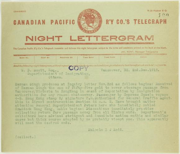 Telegram from Malcolm Reid to W. D. Scott (see p. 98)