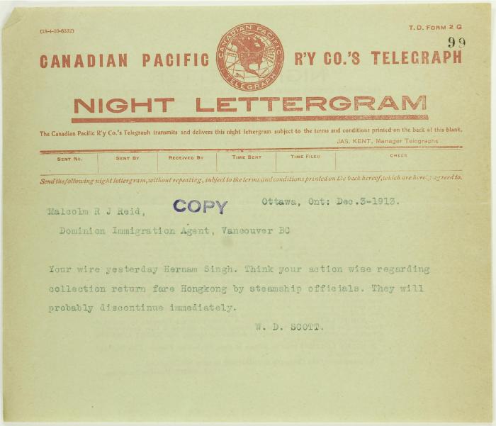 Telegram from W. D. Scott to Malcolm Reid (see p. 98)