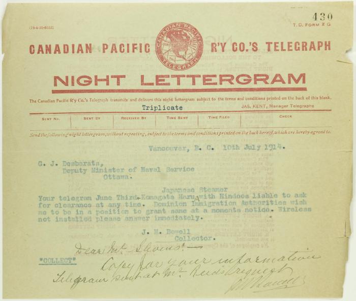 Copy of telegram from J. M. Bowell to the Deputy Minister of Naval Service re clearance of the Komagatu Maru