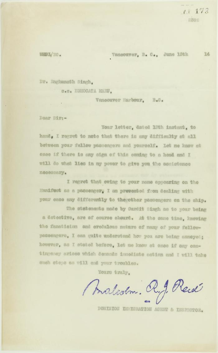 Copy of letter from Reid to Raghunath Singh (see p. 167)