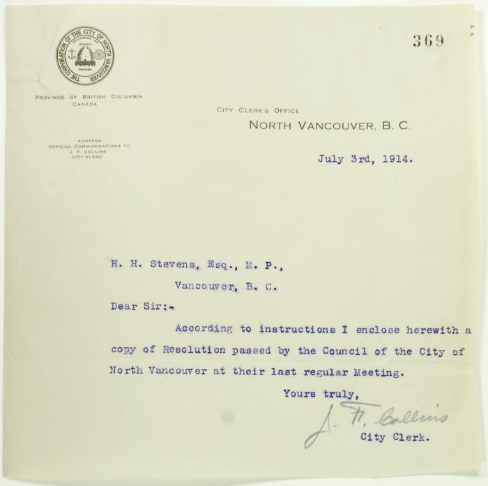 Letter from City Clerk, North Vancouver, to Stevens, enclosing p. 368