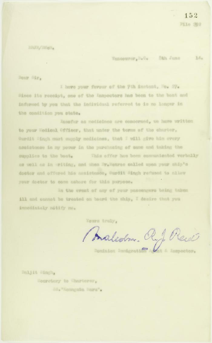Copy of letter from Reid to Daljit Singh (see p. 146)