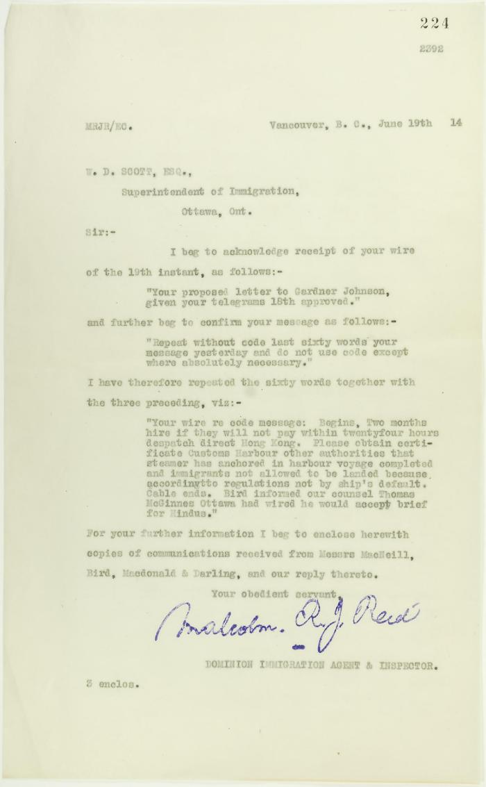Copy of letter from Reid to W. D. Scott re wires sent