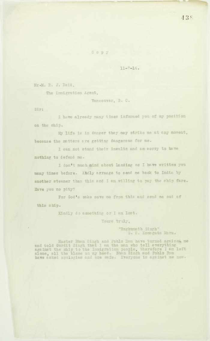 Copy of letter from Dr. Singh to Reid (see p. 437)