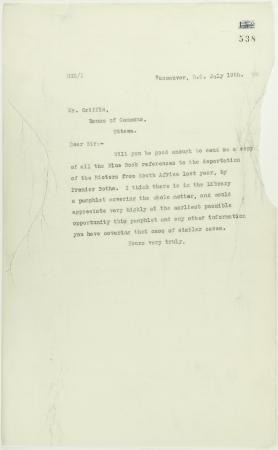 Copy of letter, unsigned, to Mr. Griffin, House of Commons, requesting references to deportation of rioters from South Africa