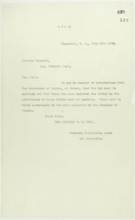 Copy of letter from Reid to Captain Yamamoto that the law must be enforced