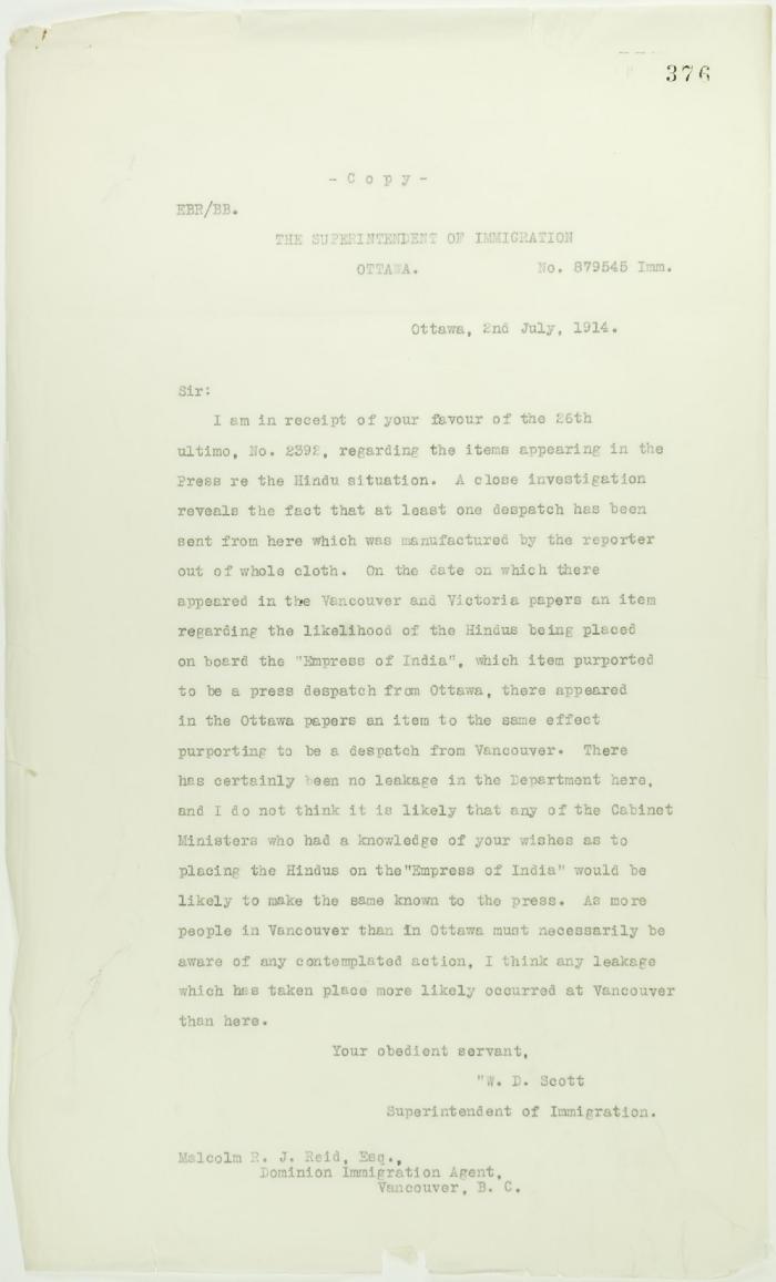 Copy of letter from W. D. Scott to Reid re press leakage