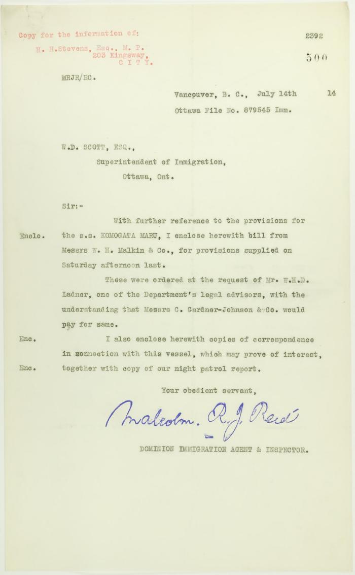 Copy of letter from Reid to W. D. Scott re provisions