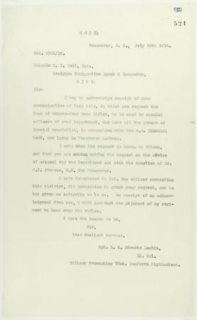 Copy of letter from Lt. Col. R. G. E. Leckie to Reid re loan of Ross Rifles