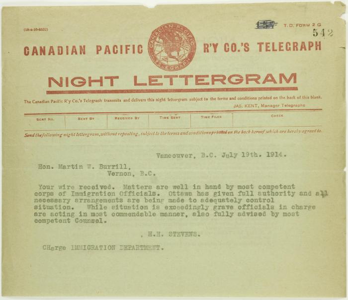 Copy of telegram from Stevens to Burrell re all necessary arrangements being made
