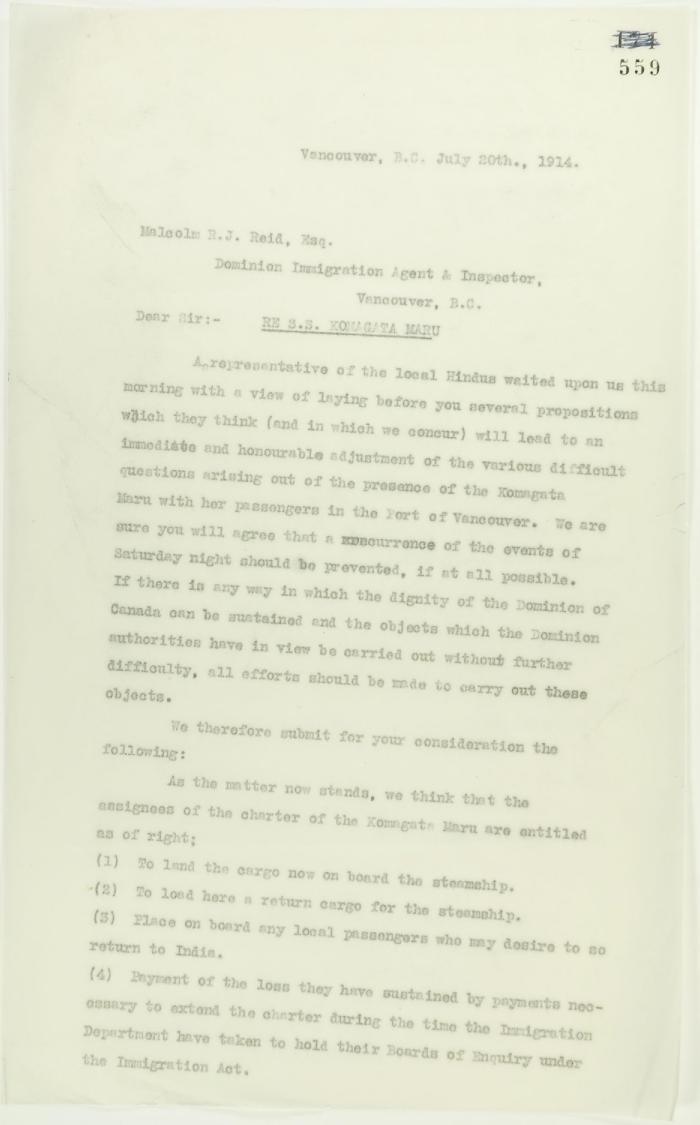 Copy of letter from A. H. McNeill, acting for several local Hindus re avoidance of further skirmishes, address to Reid. Page 1-3