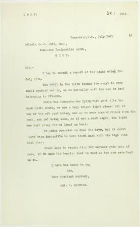 Copy of letter from S. Garnham to Reid re night watch