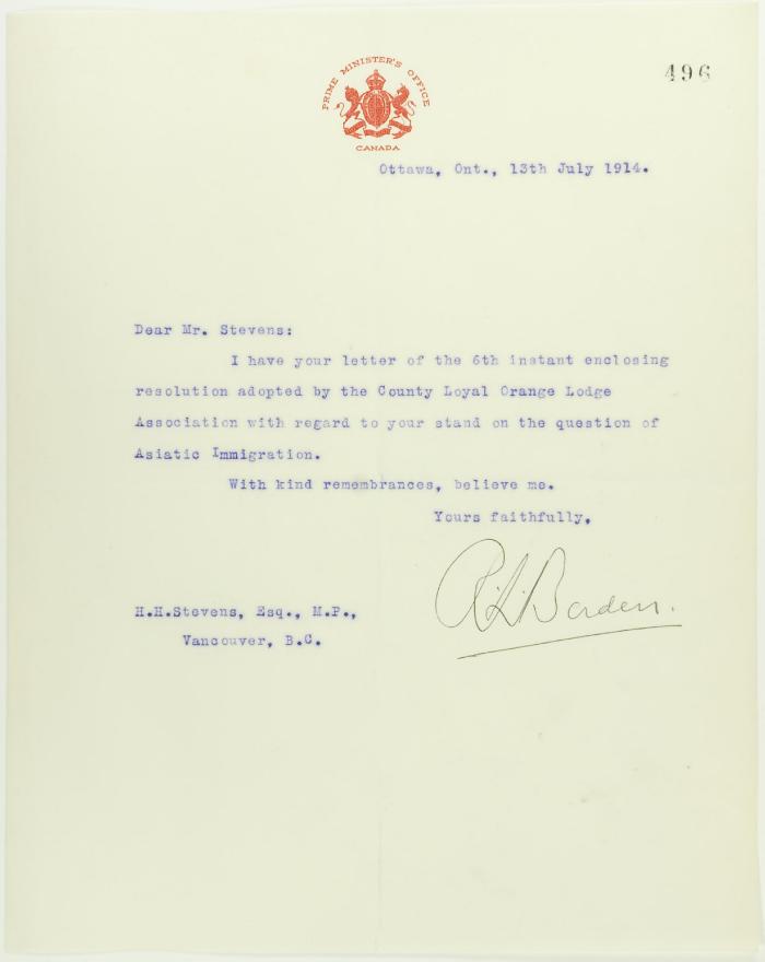Letter from R. L. Borden to Stevens, acknowledging communication