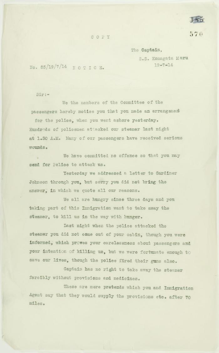 See pp. 546-547. Page 1-2 [Copy of letter from committee of passengers to Capt. Yamamota re his arrangement with Vancouver police]