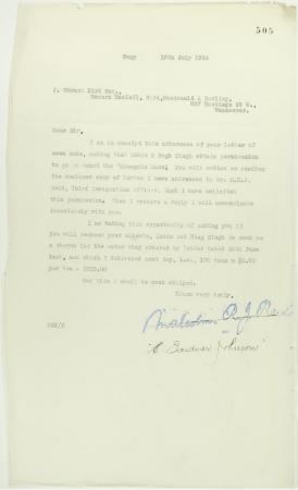 Copy of letter from C. Gardner Johnson to J. E. Bird re provisioning