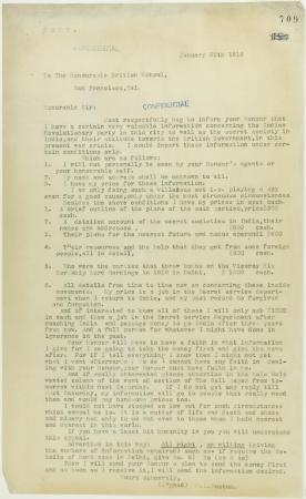 Copy of letter from M. L. Rustum to the British Consul in San Francisco, offering information for sale re Indian Revolutionary party