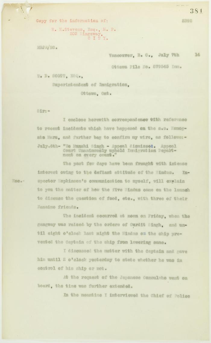 Copy of letter from Reid to W. D. Scott re Japanese insistence that they had no connection with the enterprise, and enclosing correspondence re recent incidents. Page 1-5