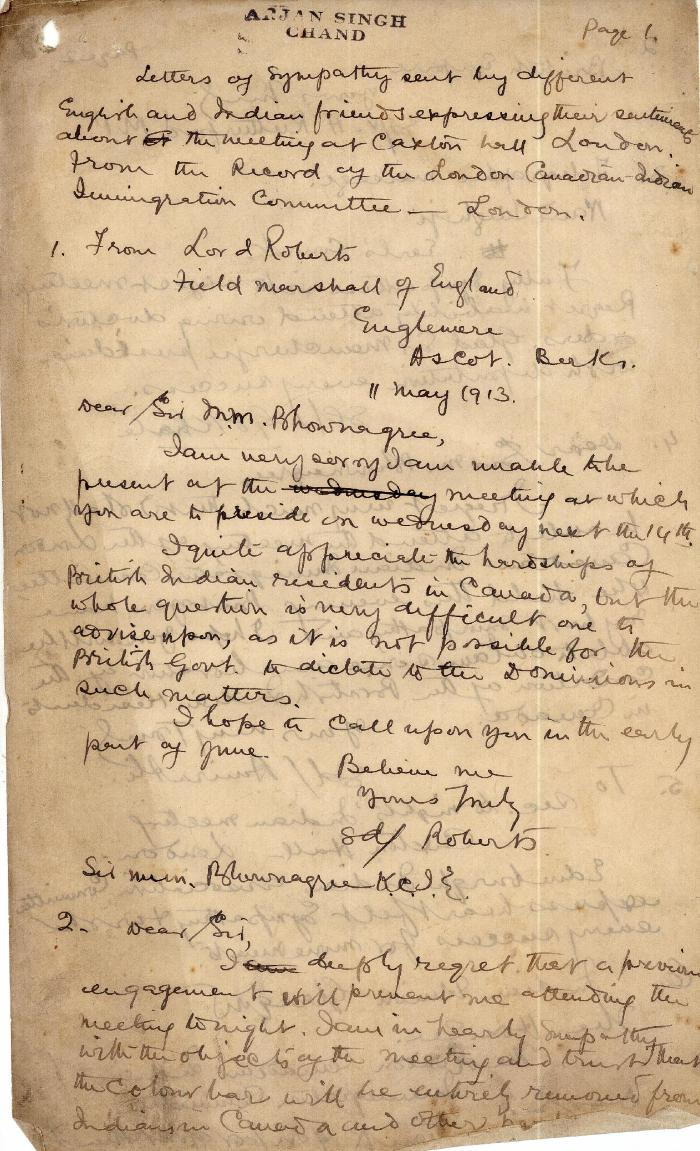Letters of sympathy sent by different English and Indian friends expressing their sentiments about the meeting at Caxton Hall, London, from the record of the London Canadian-Indian Immigration Committee, London