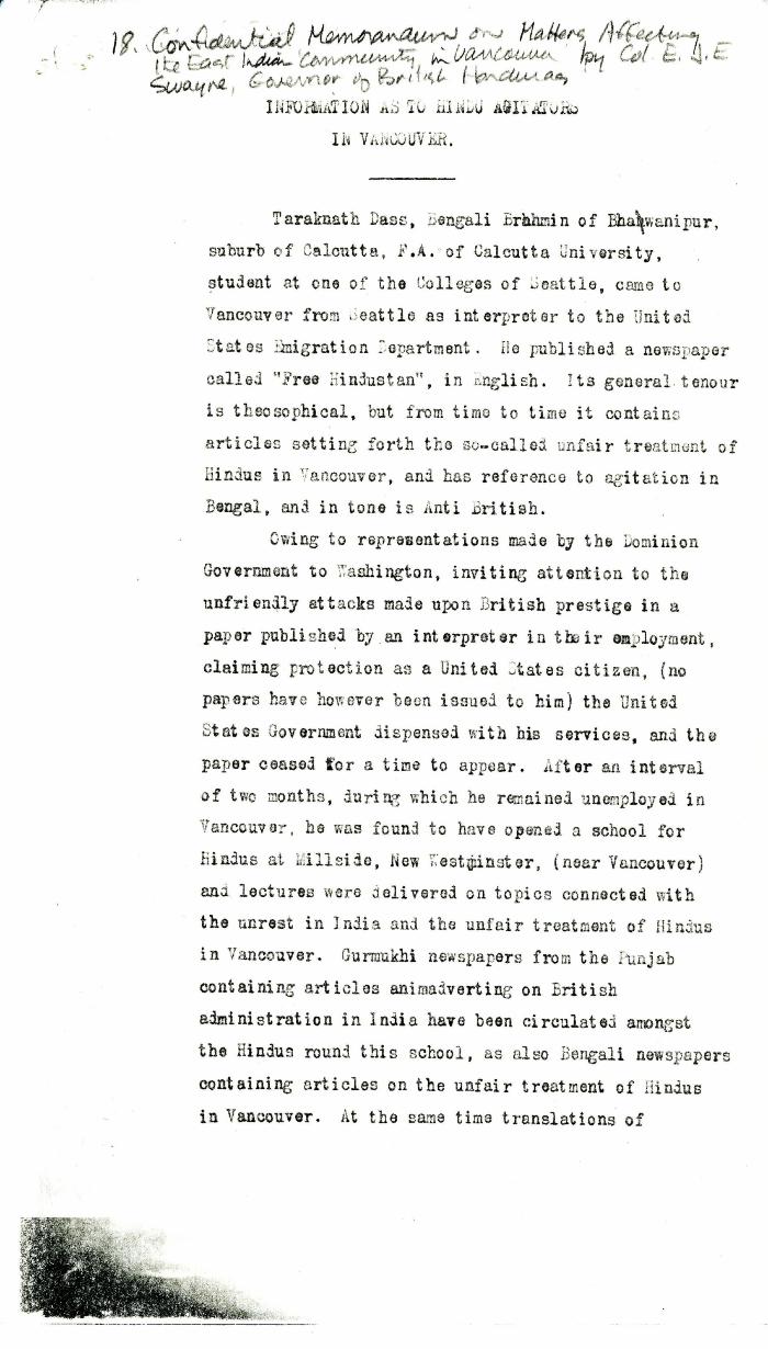 Information as to Hindu Agitators in Vancouver [Confidential Memorandum on Matters Affecting the East Indian Community in Vancouver by Colonel Eric J. E. Swayne, Governor of British Honduras. Original]