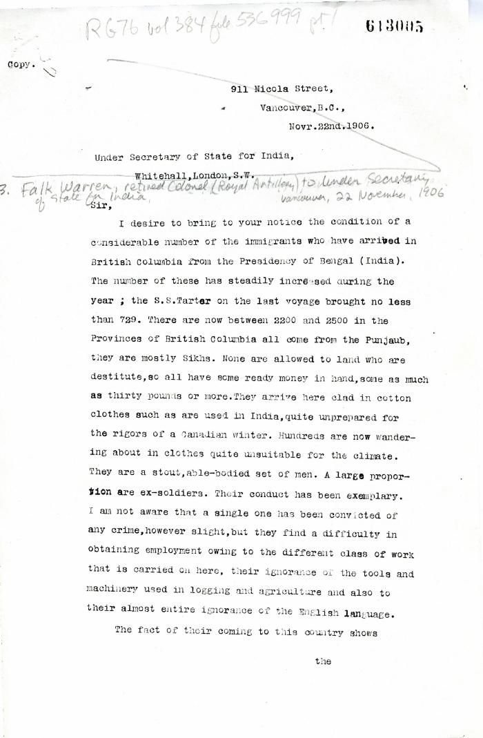 [Falk Warren, retired Colonel (Royal Artillery), to John E. Ellis, Under-Secretary of State for India. Copy]