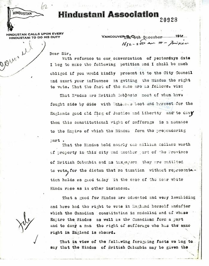 G. D. Kumar, Secretary of the Hindustanee, to H. H. Stevens, alderman, Vancouver