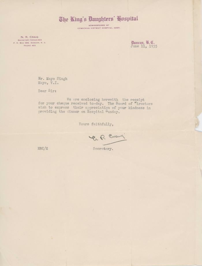 [Letter from N. R. Craig, Secretary-Treasurer to Mayo Singh]