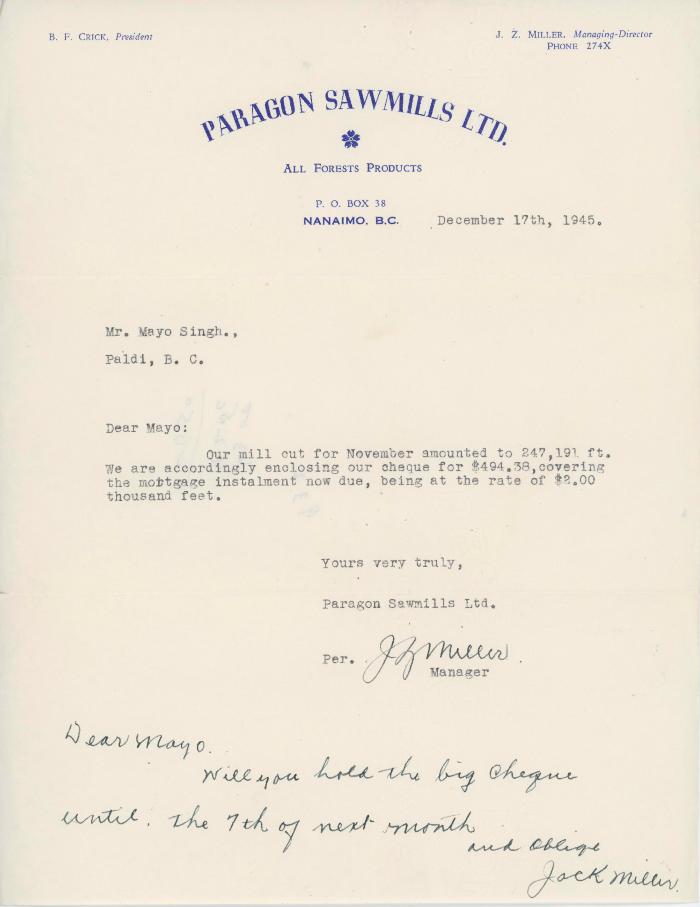 [Letter from Jack Miller, Manager, Paragon Sawmills Ltd. to Mayo Singh]