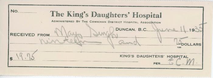 [Receipt of donation by Mayo Singh to The King's Daughters' Hospital]