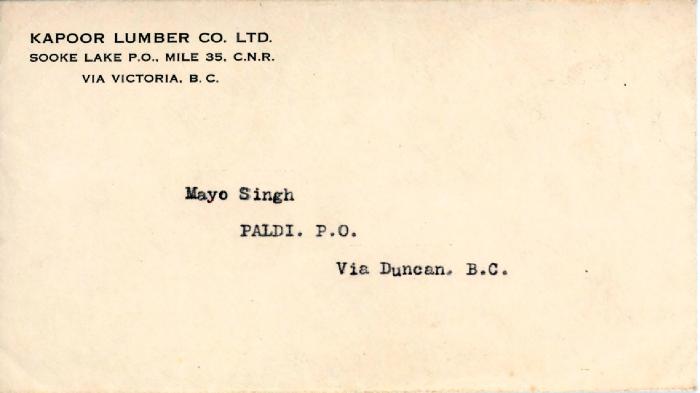 [Envelope from Kapoor Lumber Co. Ltd. to Mayo Singh]