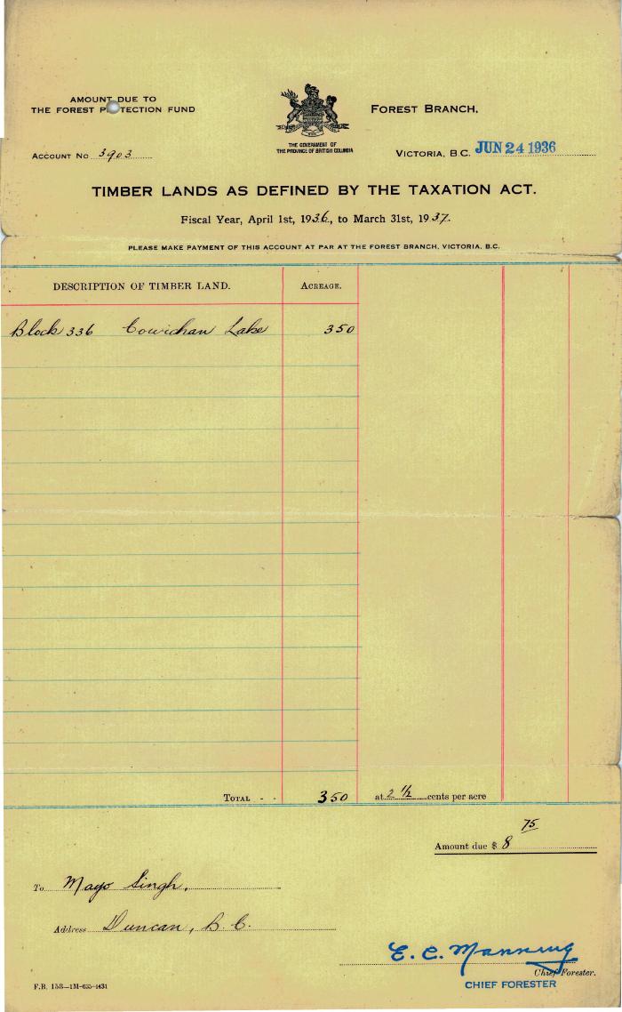 [Invoice from The Government of the Province of British Columbia, Forest Branch re: the Cowichan Lake timber land]