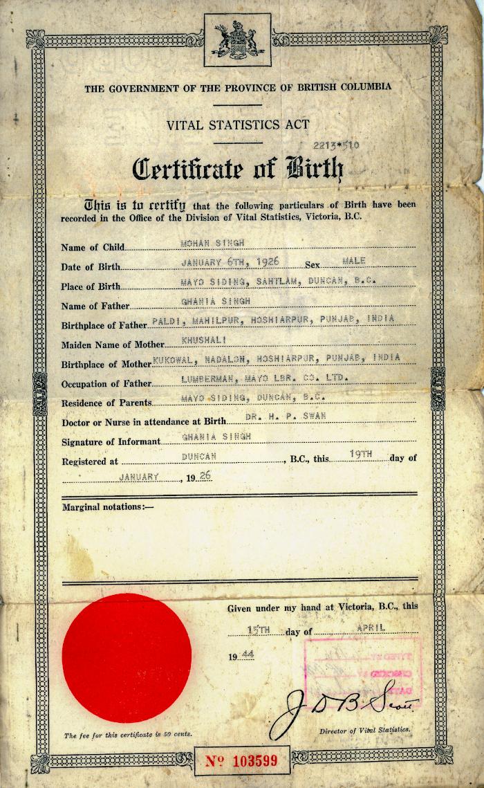 [Certificate of Birth of Mohan Singh]