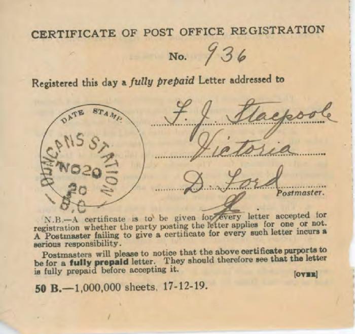 [Certificate of Post Office Registration]