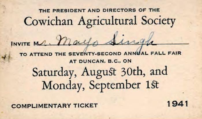 [Complimentary ticket for the seventy-second annual fall fair organised by the Cowichan Agricultural Society]