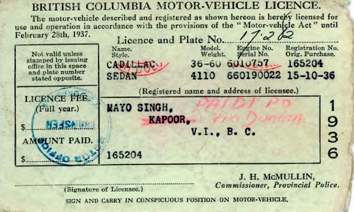 [British Columbia Motor Vehicle Licence of Mayo Singh and Kapoor]